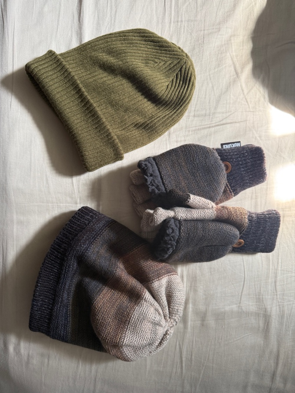 Olive Green Ribbed Beanie + Neutral Ombre Knit Hat & Mittens Set NWOT